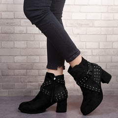 Studded Side Zipper Chunky Heel Ankle Boots