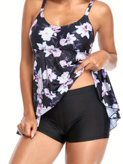 Floral Tankini Set Round Neck Pleated Top & Solid Shorts Swimsuit
