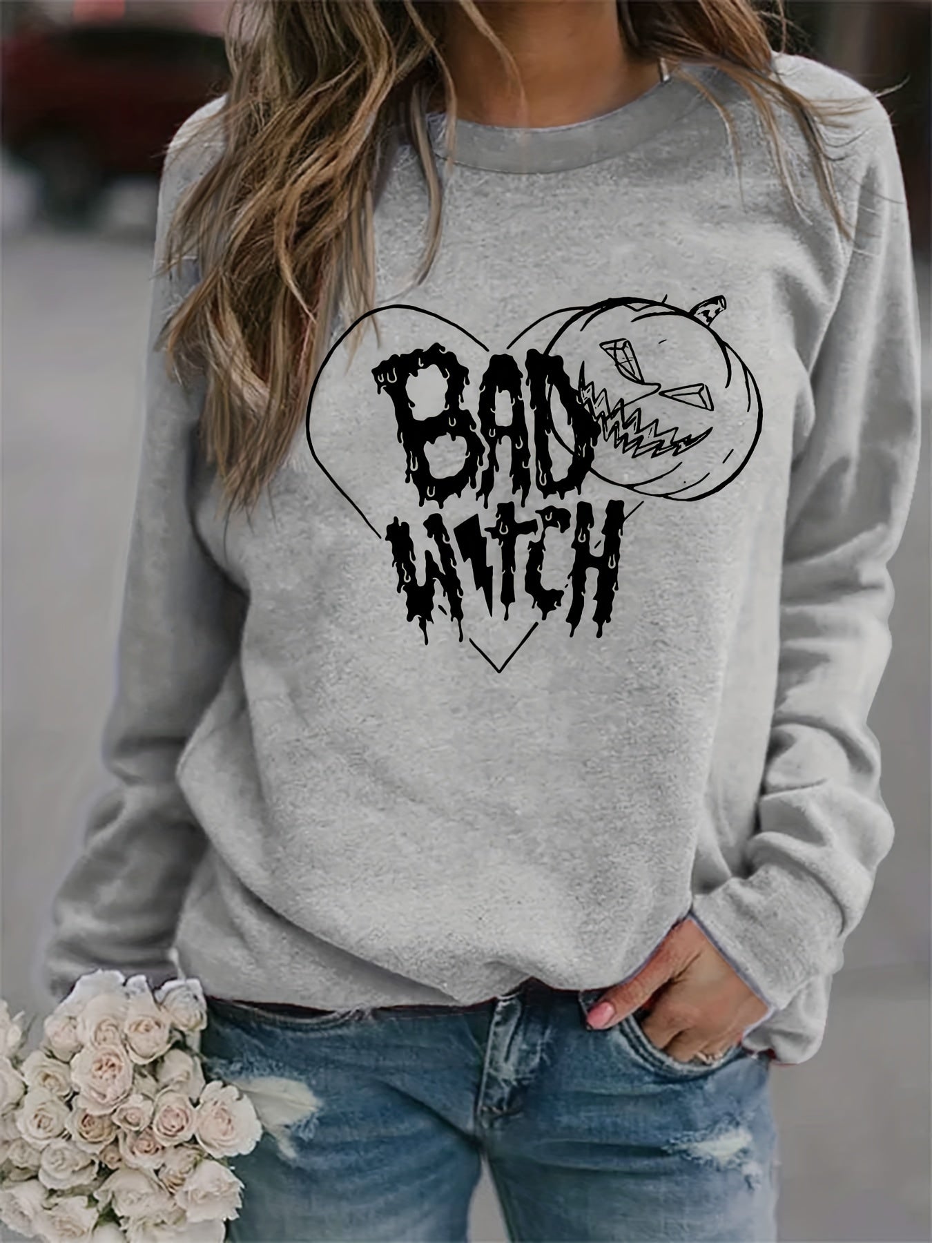 Halloween Bad Witch Print Sweatshirt Long Sleeve Crew Neck Women's Clothing