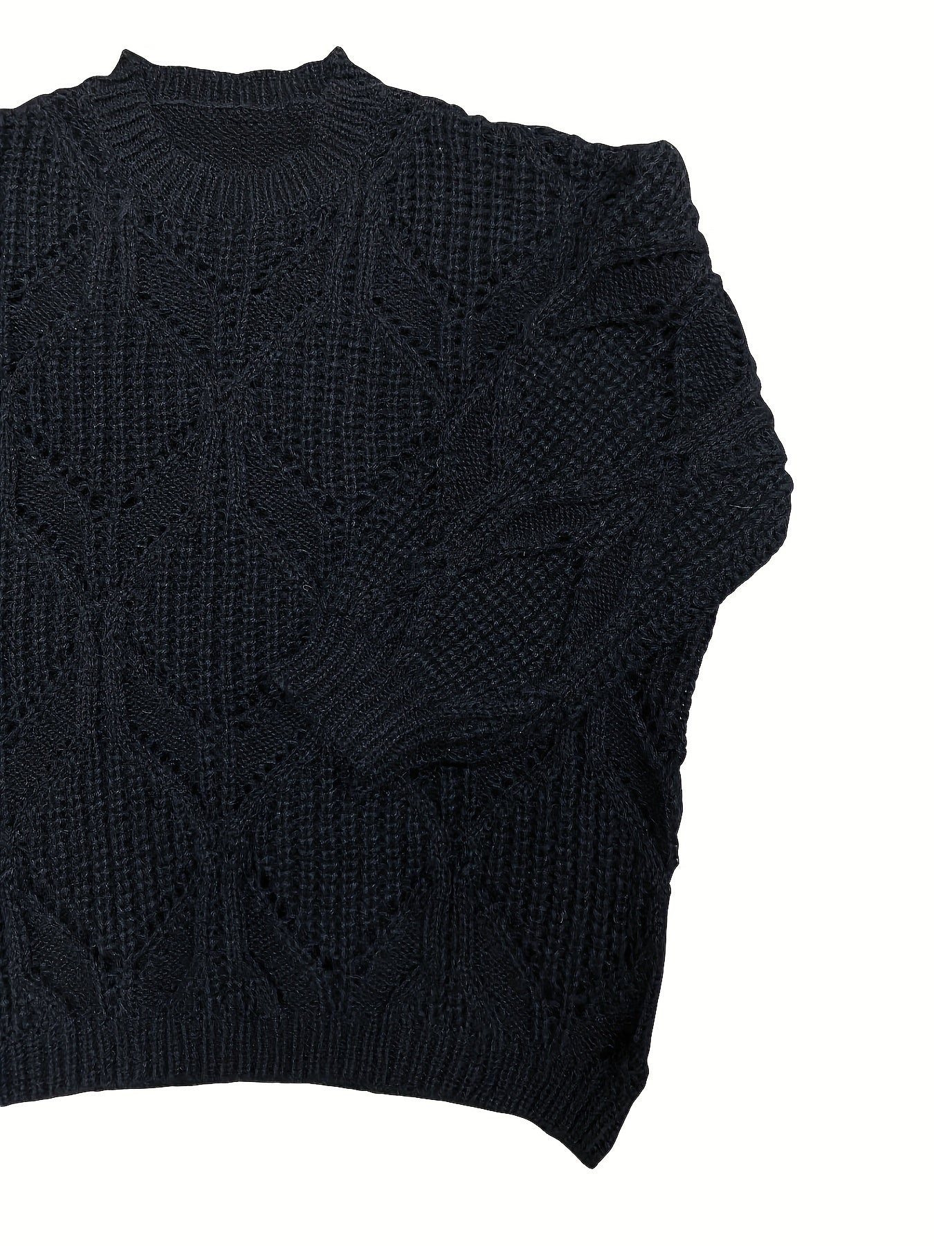 Solid Pointelle Knit Crew Neck Long Sleeve Sweater
