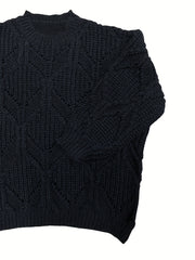 Solid Pointelle Knit Crew Neck Long Sleeve Sweater