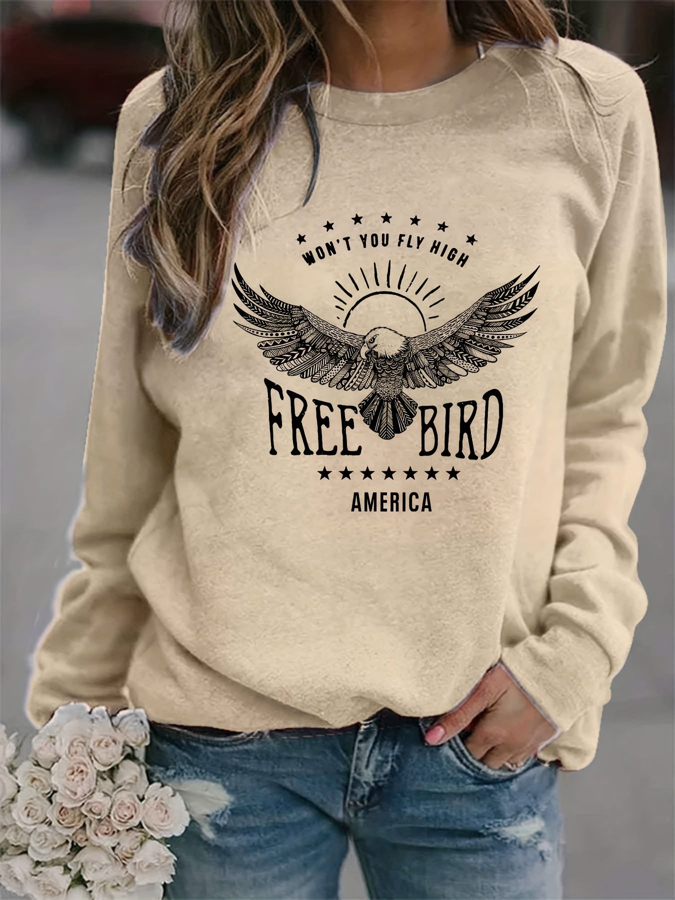 Eagle America Print Sweatshirt Crew Neck Casual Long Sleeve