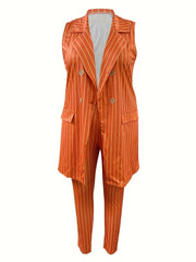 Striped Double Button Vest Coat & Pants 2 Piece Set