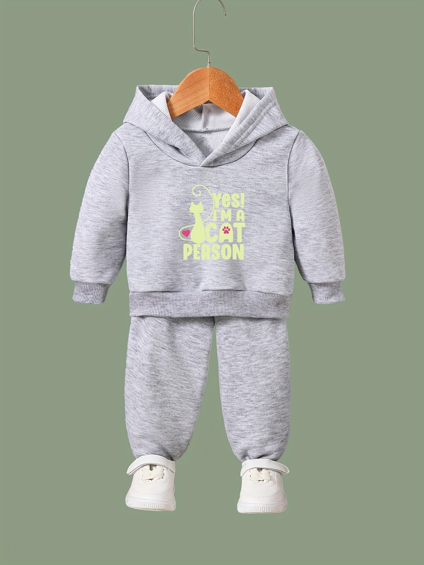 Kid's 2pcs Cat Person Print Outfit Hoodie&Pants Set Girl's Clothes