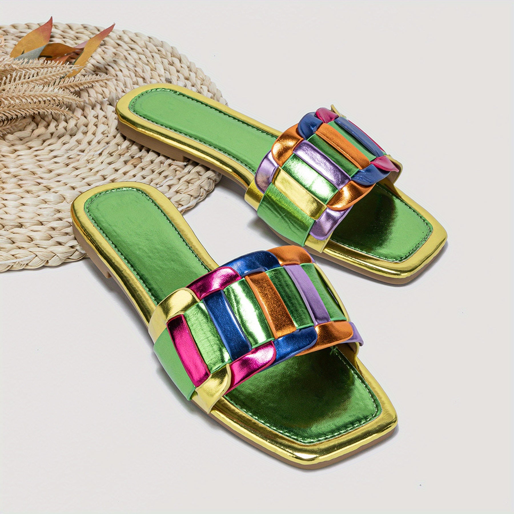 Women's Strappy Back Slide Sandals Slip On Flat Shoes Lightweight Square Toe