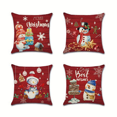 Christmas Snowman Snowflake Pillow Cover Red 4pc