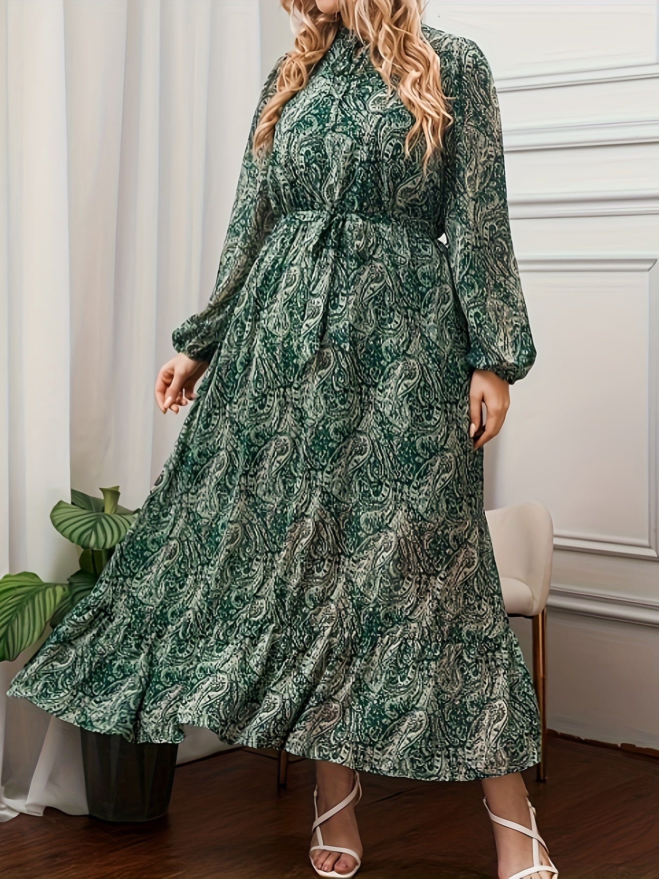 Paisley Print Lantern Sleeve Maxi Smock Dress