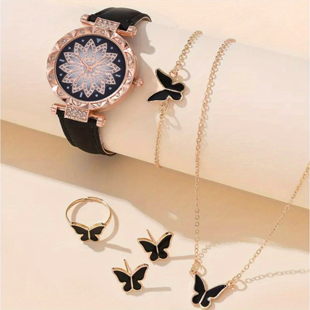 Kids Quartz Watch & Butterfly Necklace Set for Daily Life