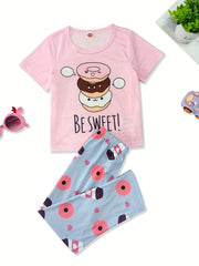 Toddler Girls Pajamas Set Cartoon Print Short Sleeve Top & Matching Pants