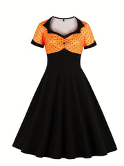 Women's Plus Colorblock Polka Dot Print Sweetheart Neck A line Occasion Dress