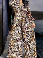 Casual Plus Size Allover Print Lantern Sleeve Wide Leg Jumpsuit