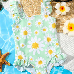 Floral Print One Piece Swimsuit Ruffled Straps Beach Swimwear