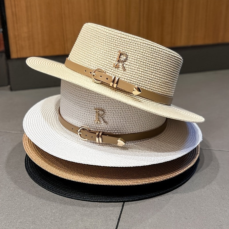 Wide Brim Straw Hat Metal Letter Belt Beach Sun Hat