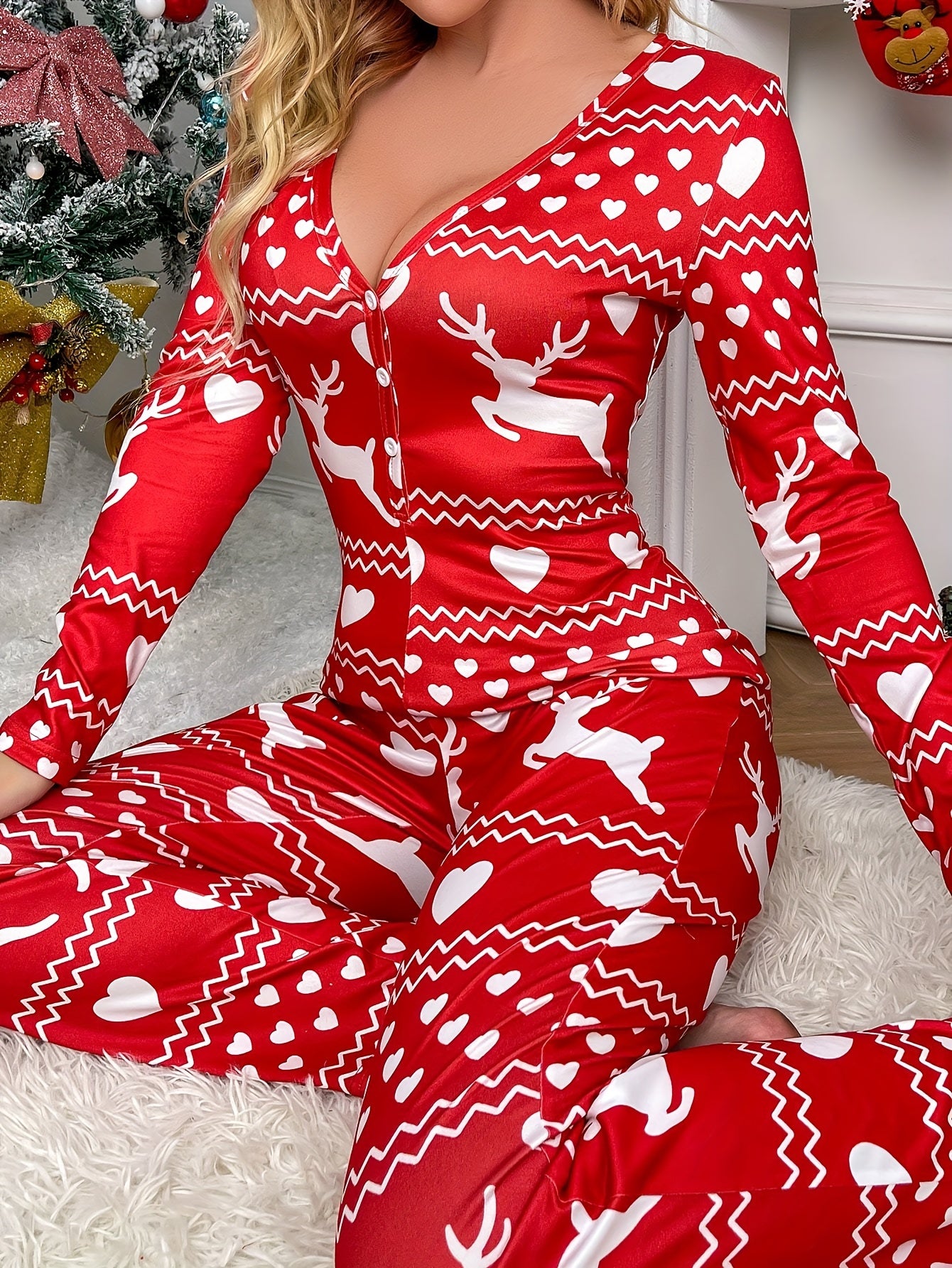 Christmas Deer Pajama Set V Neck Long Sleeve Top & Elastic Waistband Pants