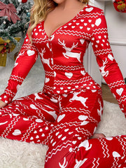 Christmas Deer Pajama Set V Neck Long Sleeve Top & Elastic Waistband Pants