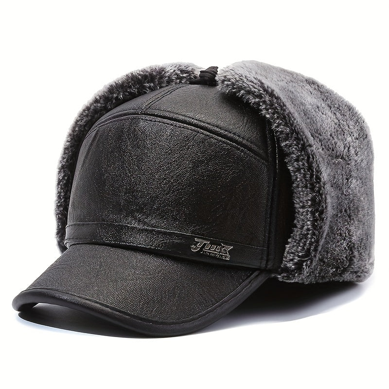 Men's Winter Ear Protection Baseball Hat Warm Cotton PU Leather Hat