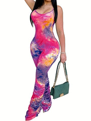 Tie Dye Ruched Cami Jumpsuit Sleeveless Casual Jumpsuit