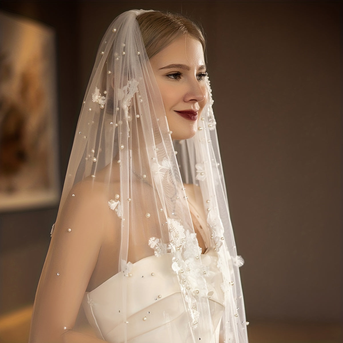 Baroque Faux Pearl Veil Accessory Bride Veil Lace Edge Tulle Veil