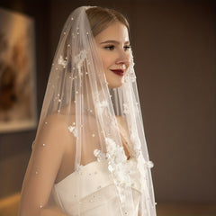 Baroque Faux Pearl Veil Accessory Bride Veil Lace Edge Tulle Veil