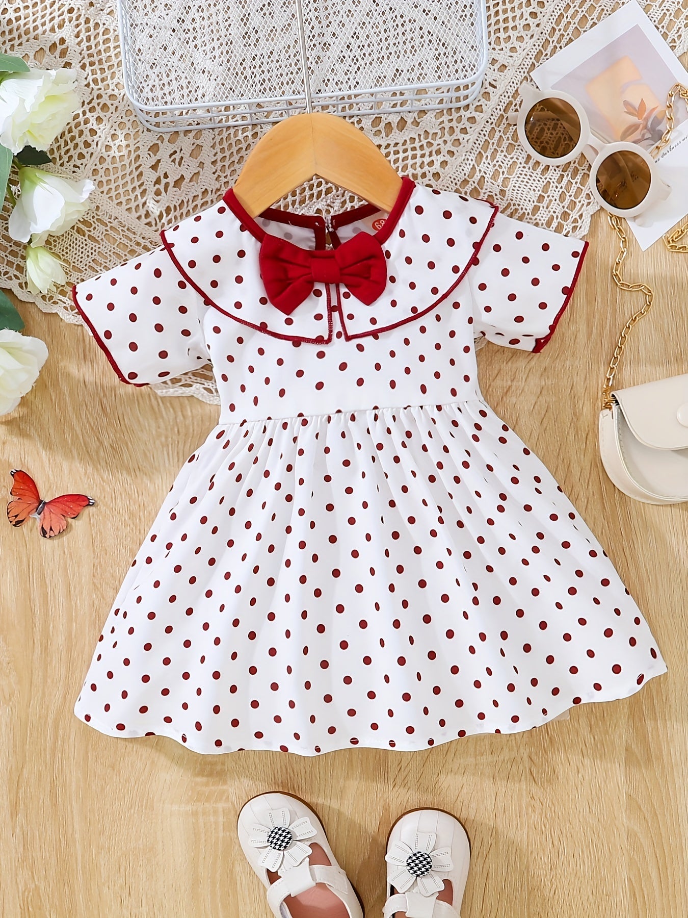 Baby Girl's Polka Dot Print Bow Short Sleeve Dress Toddler Clothes