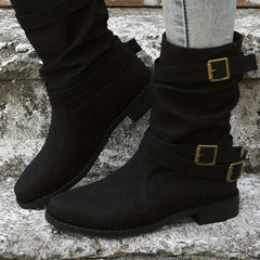 Women's Chunky Heel Boots with Buckle Strap, Slip On Comfortable Western Boots