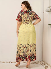 Floral Print V Neck Maxi Dress With Belt