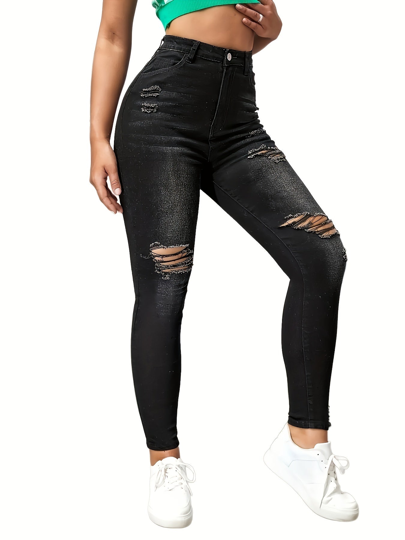 Ripped Holes Skinny Jeans Slim Fit High Waist Casual Denim Pants