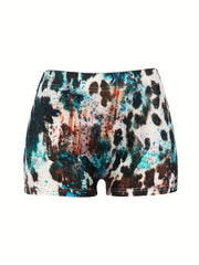 Western Style Leopard & Bull Skull Print Tie Dye Shorts