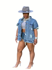 Raw Trim Denim Jackets Short Sleeves Ripped Holes Lapel Versatile Denim Coats