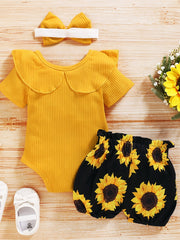Baby Girls Yellow Pit Strip Short Sleeve Bodysuit Floral Shorts Set