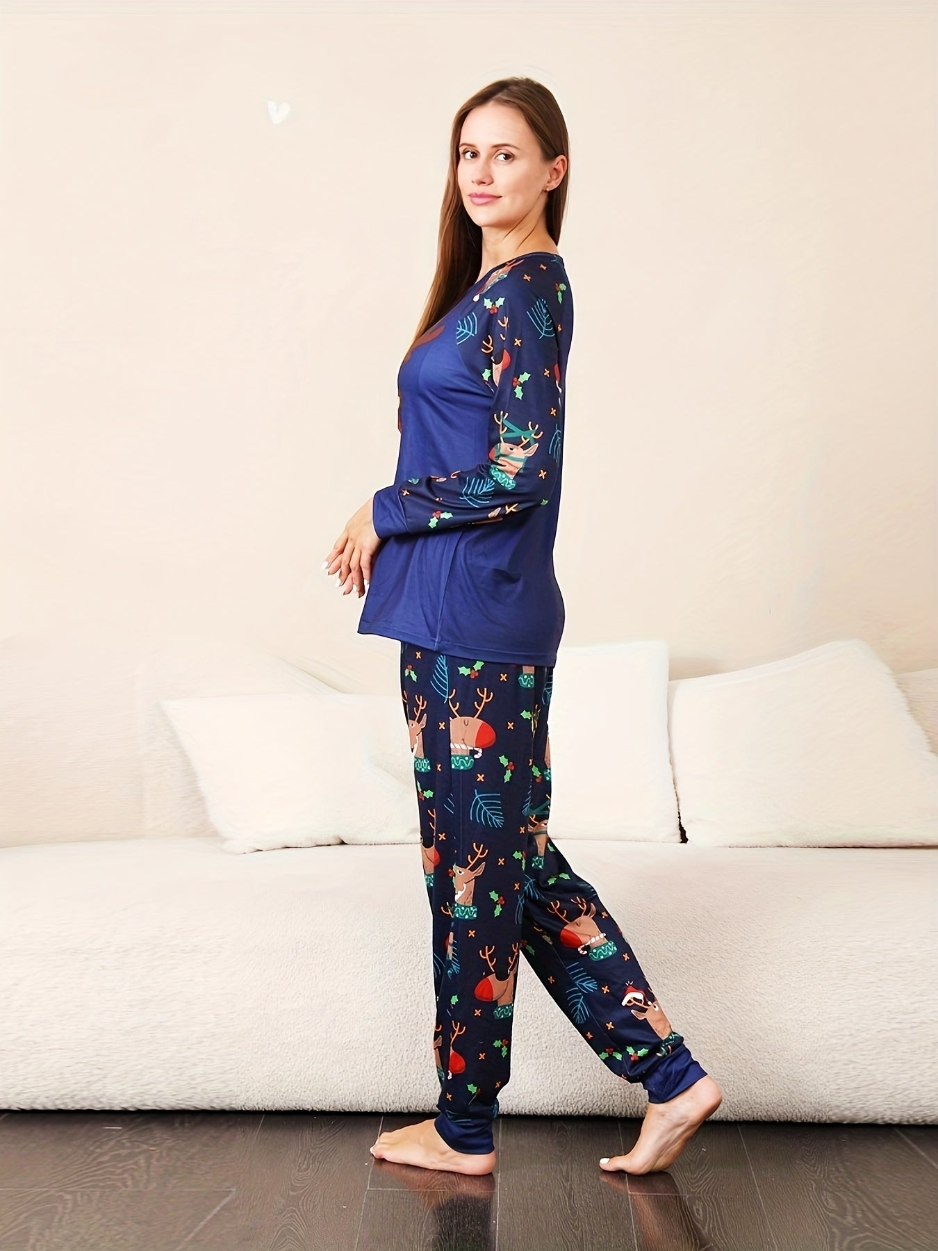 Christmas Deer Print Pajama Set Long Sleeve Round Neck Top & Lounge Pants