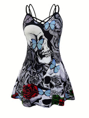 Goth Cami Dress Womens Plus Skull Floral Butterfly Print V Neck Cami
