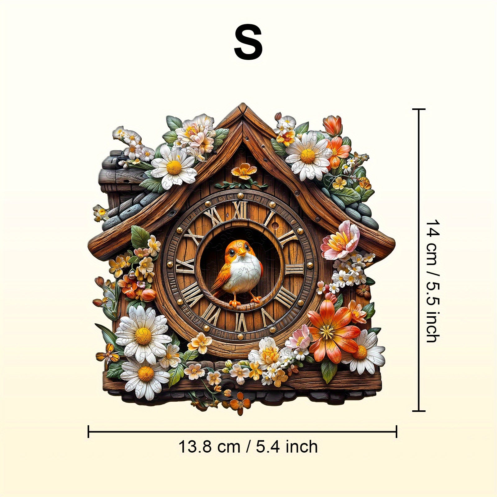 Bird Clock Wooden Puzzle Animal Shape Jigsaw Colorful Flowers & Bird Decorative