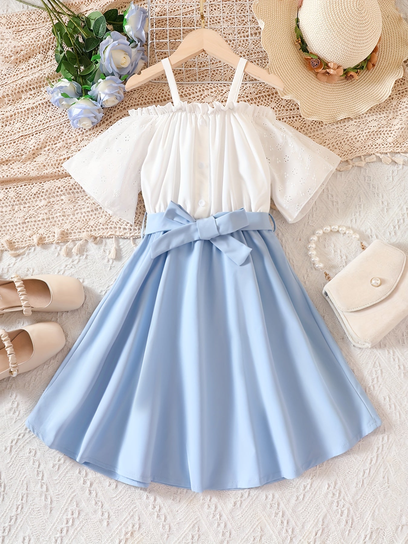 Girls' Cold Shoulder Swing Belted Dress Kids Summer Dresses