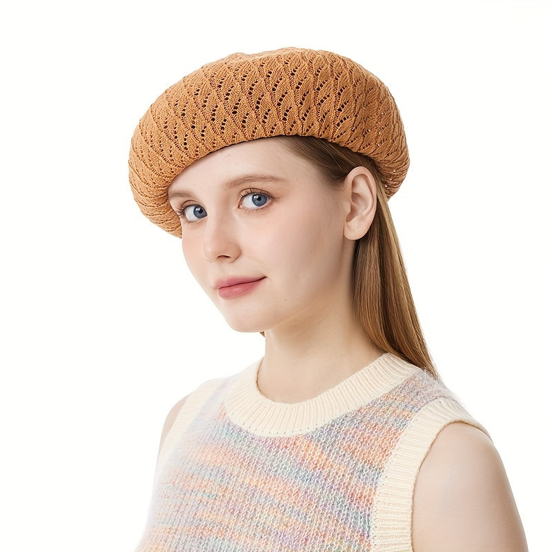 Brown Hollow Out Beret Classic Solid Beanie Lightweight Painter Cap Vintage