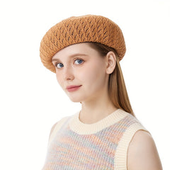 Brown Hollow Out Beret Classic Solid Beanie Lightweight Painter Cap Vintage