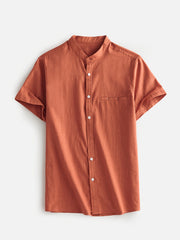 Men's Casual Short Sleeve Stand Collar Cotton Shirt