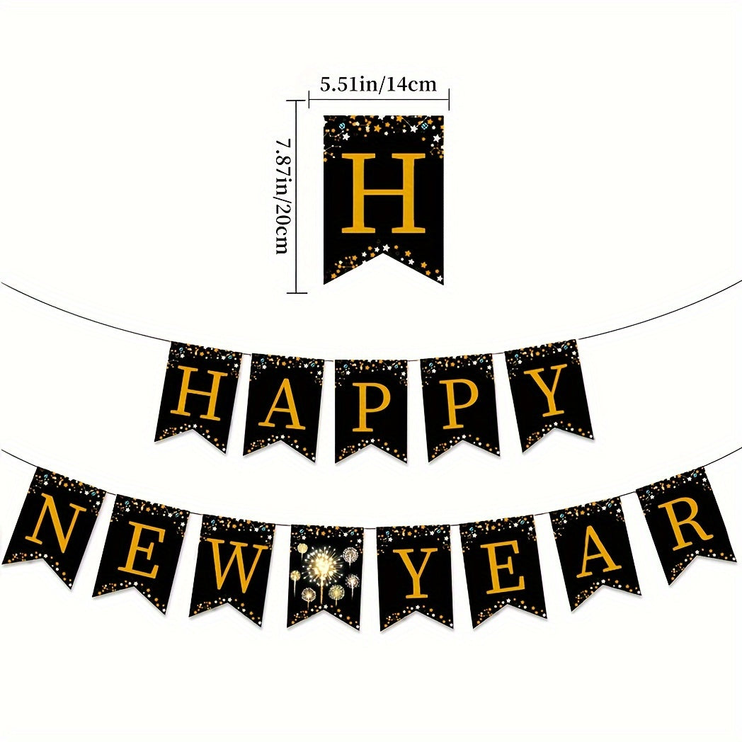 Happy Year Banner Golden Bunting Swirls Pom Poms Party Decor