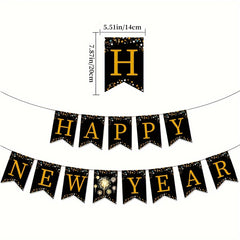 Happy Year Banner Golden Bunting Swirls Pom Poms Party Decor