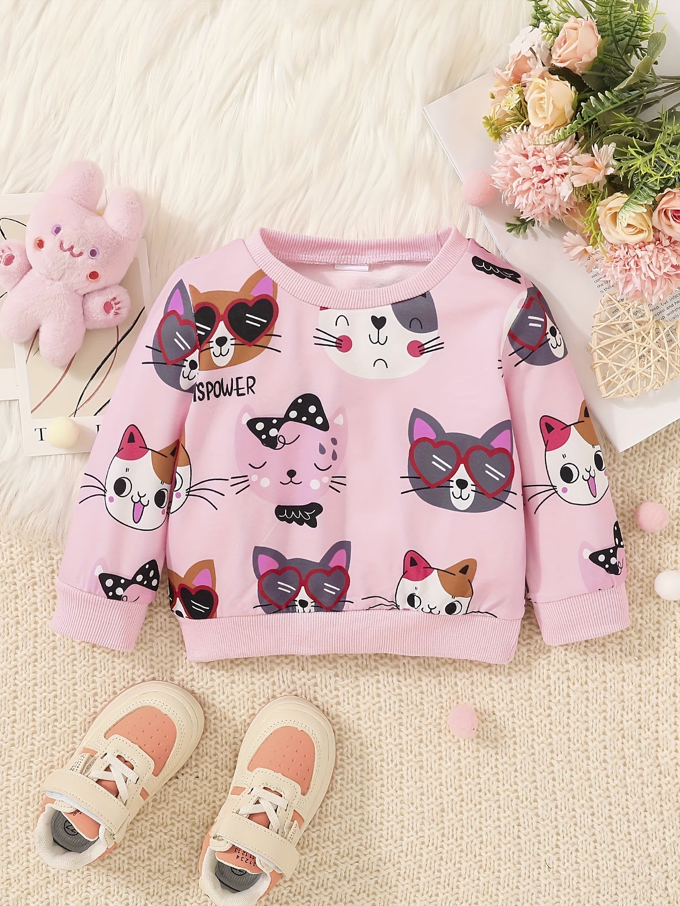 Cat Family Cartoon Ribbed Sweatshirt Crew Neck for Kids