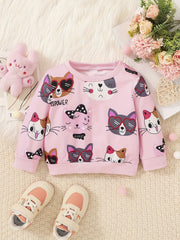 Cat Family Cartoon Ribbed Sweatshirt Crew Neck for Kids
