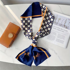 Vintage Horse Print Skinny Scarf Plaid Pattern Long Ribbon Neckerchief