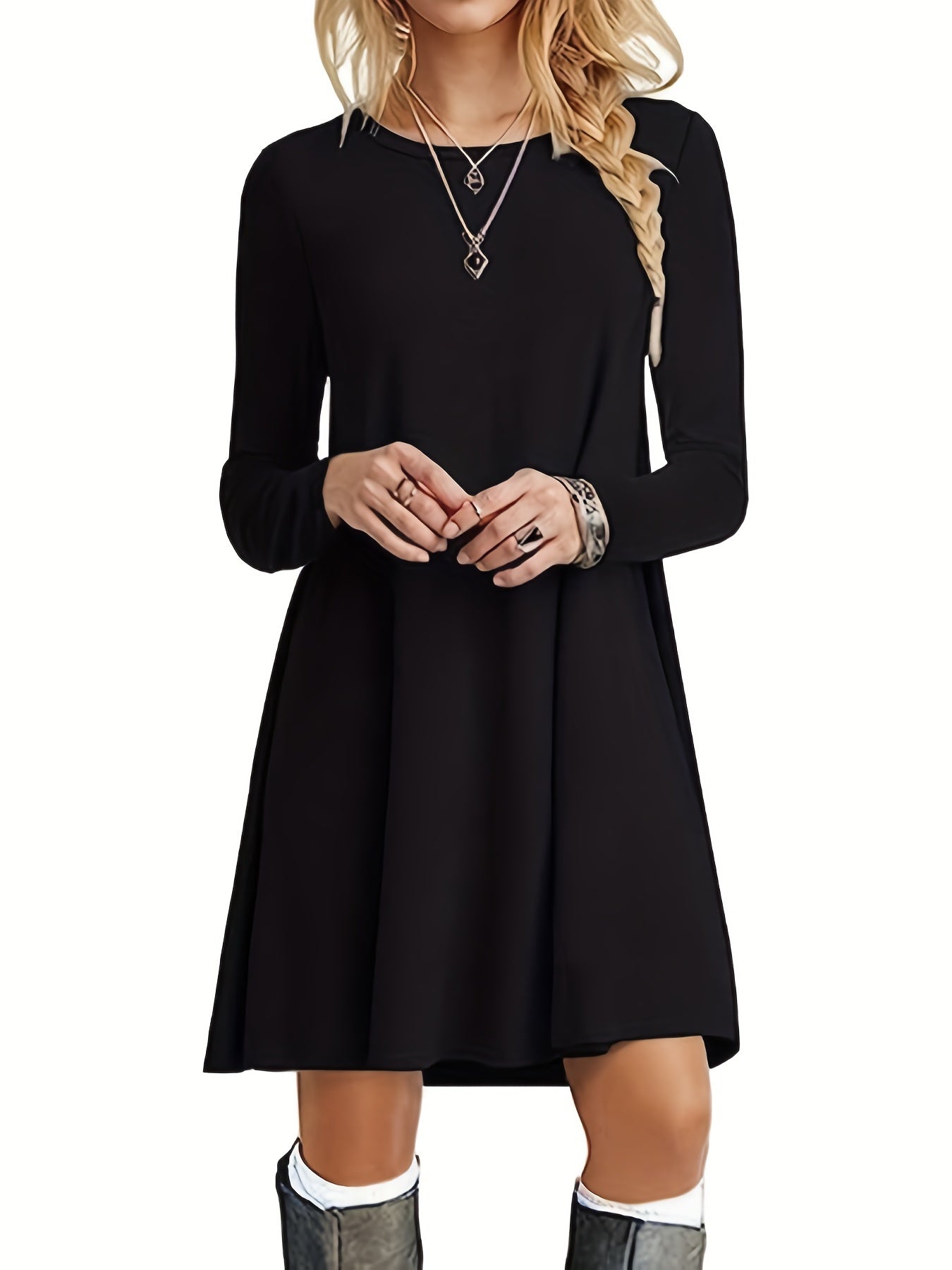 Solid Dress Casual Crew Neck Long Sleeve Versatile Dress