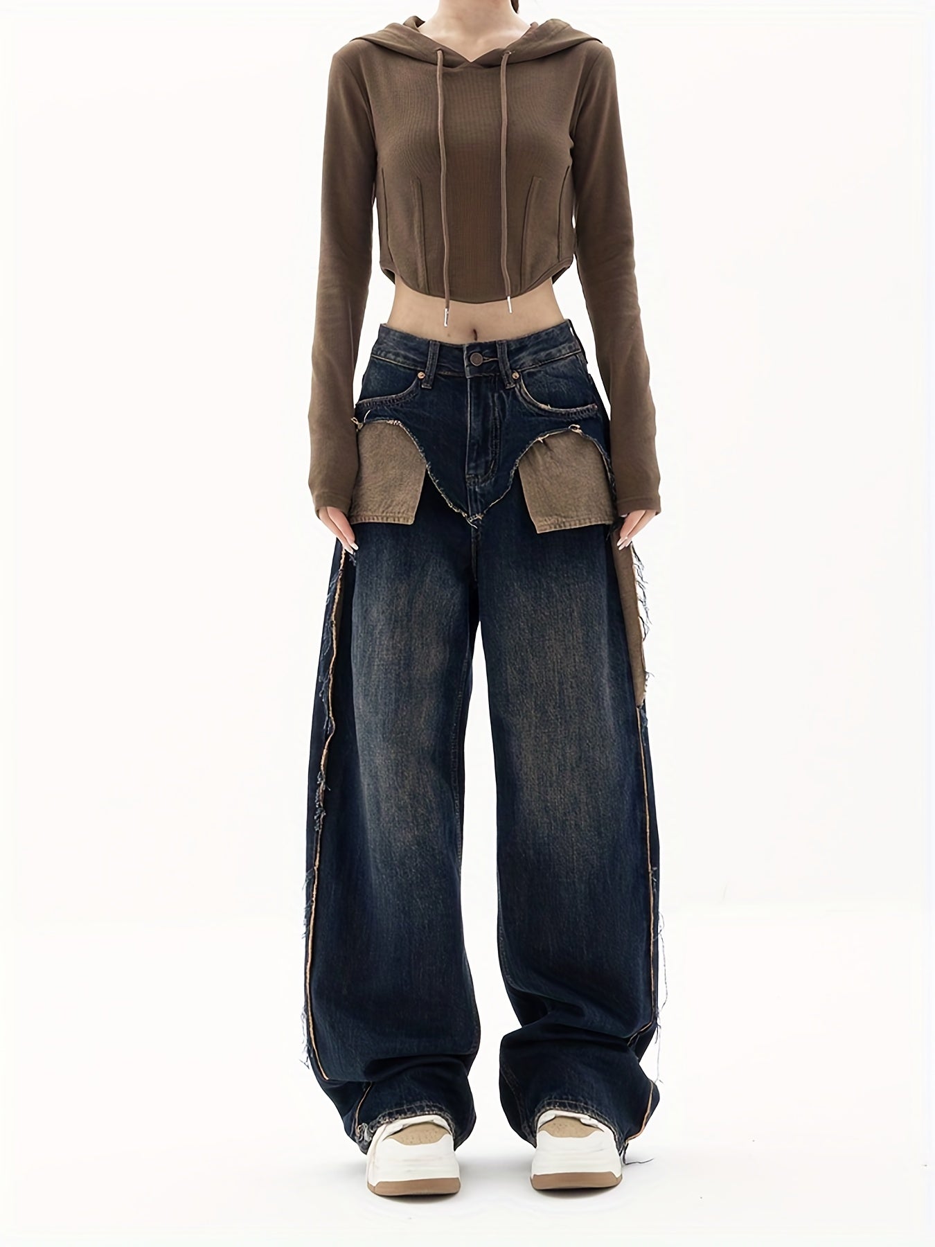 Dark Patchwork Straight Jeans Retro & Street Style Wide Legs Jeans