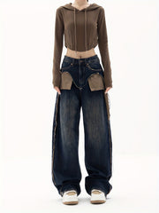 Dark Patchwork Straight Jeans Retro & Street Style Wide Legs Jeans
