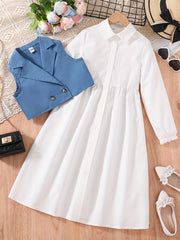 Girl's 2pcs Long Sleeve Dress & Lapel Vest Set for Spring Autumn Summer