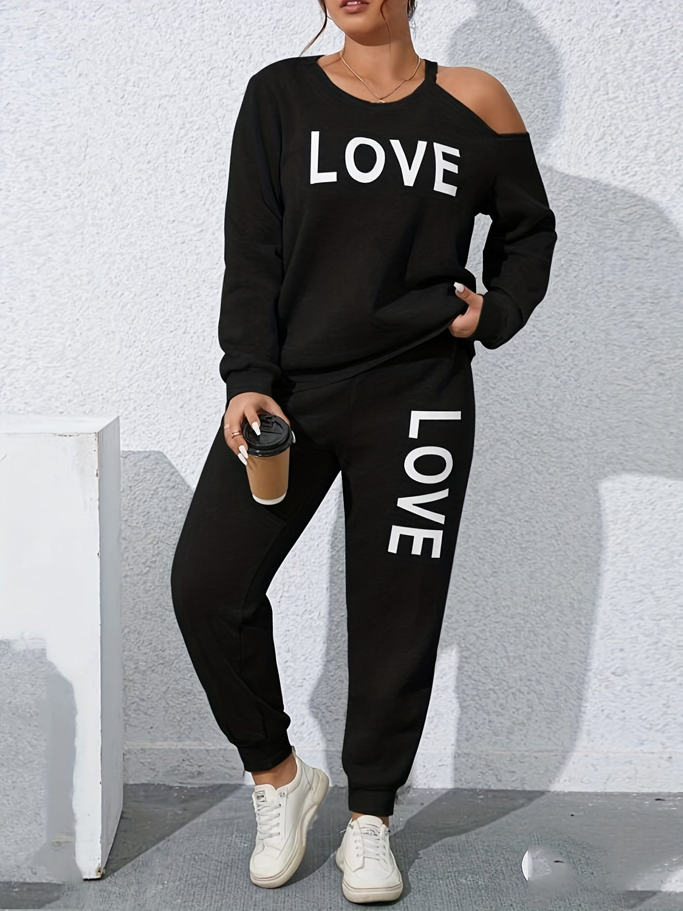 Women's Plus Size Letter Print Top & Pants Set