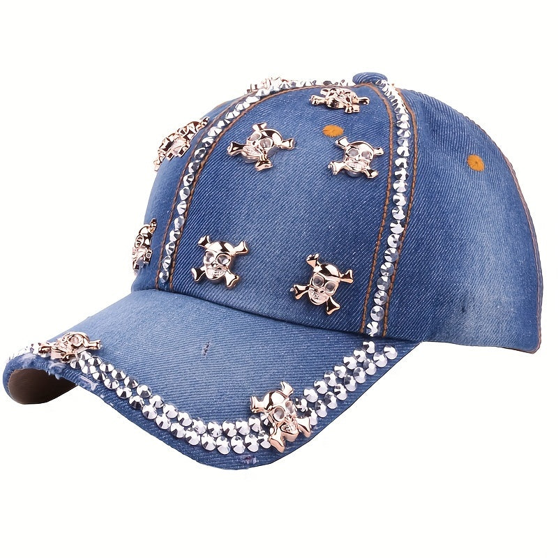 Metal Skull Patch Baseball Cap Distressed Denim Sports Hat
