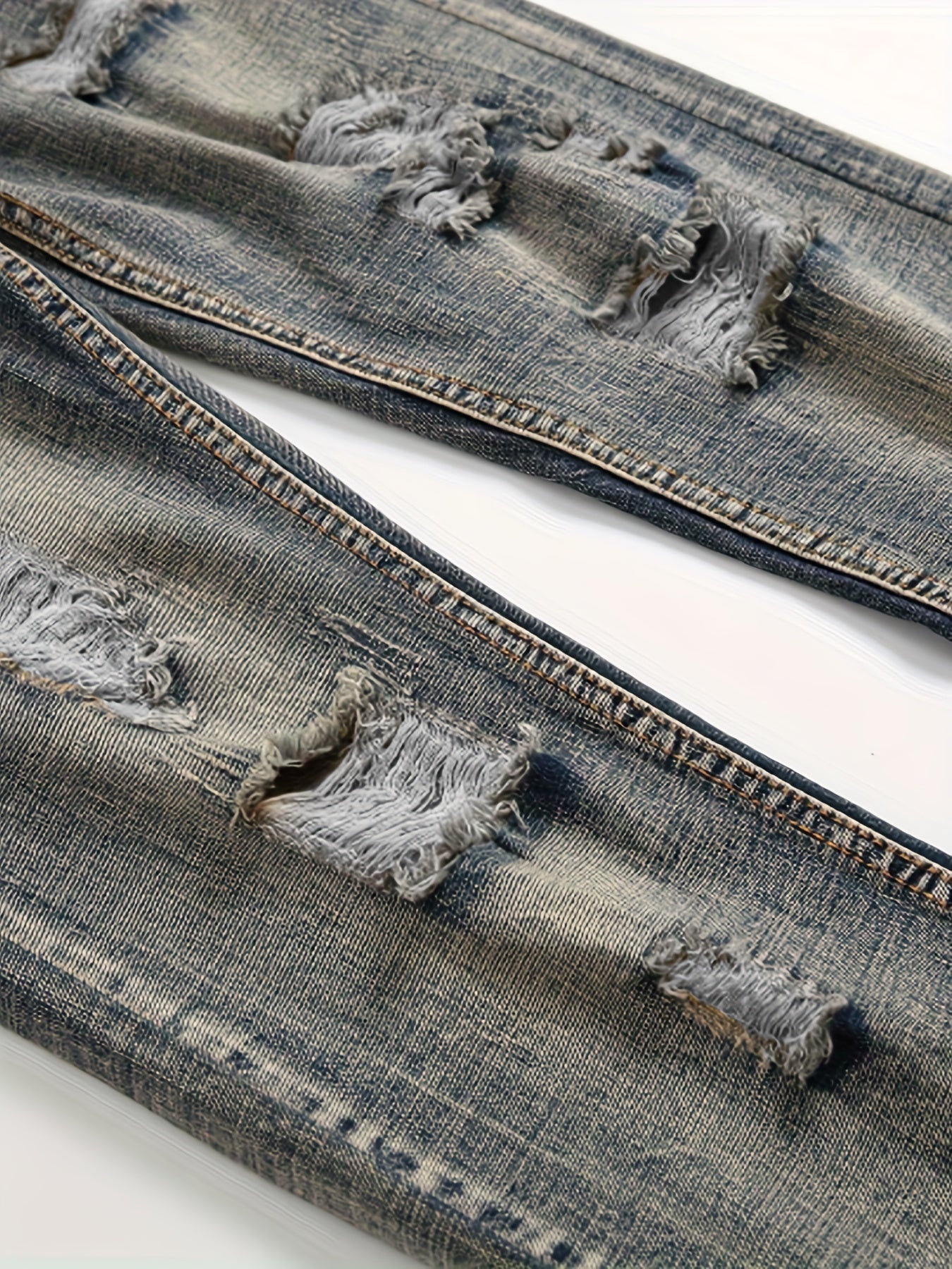 Vintage Slim Fit Ripped Jeans Mens Street Style Distressed Denim Pants