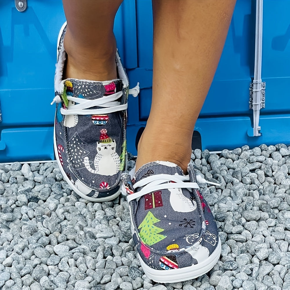 Women's Christmas Tree & Cat Pattern Flat Canvas Shoes